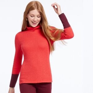 Nic + Zoe Balance L Ribbed Contrast Cuff Turtleneck Cotton Blend Sweater Red